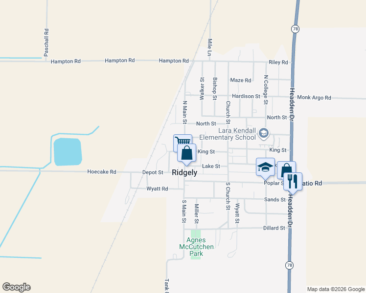 map of restaurants, bars, coffee shops, grocery stores, and more near 220 North Main Street in Ridgely