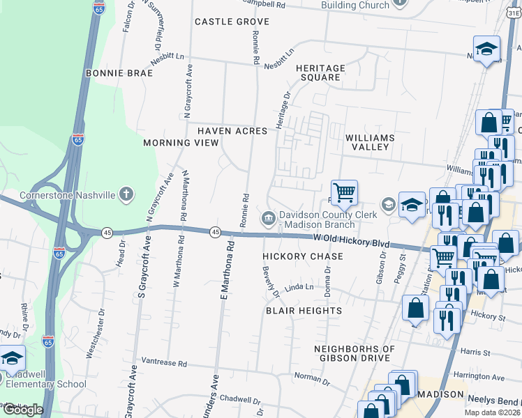 map of restaurants, bars, coffee shops, grocery stores, and more near 515 Heritage Drive in Nashville