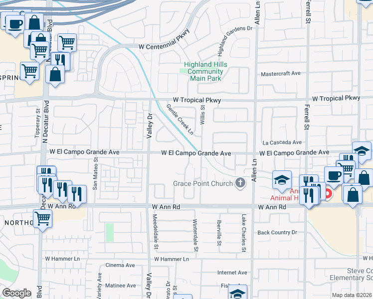 map of restaurants, bars, coffee shops, grocery stores, and more near 4062 West El Campo Grande Avenue in North Las Vegas