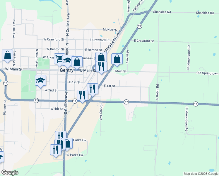 map of restaurants, bars, coffee shops, grocery stores, and more near 613-615 1st Avenue Northeast in Gravette
