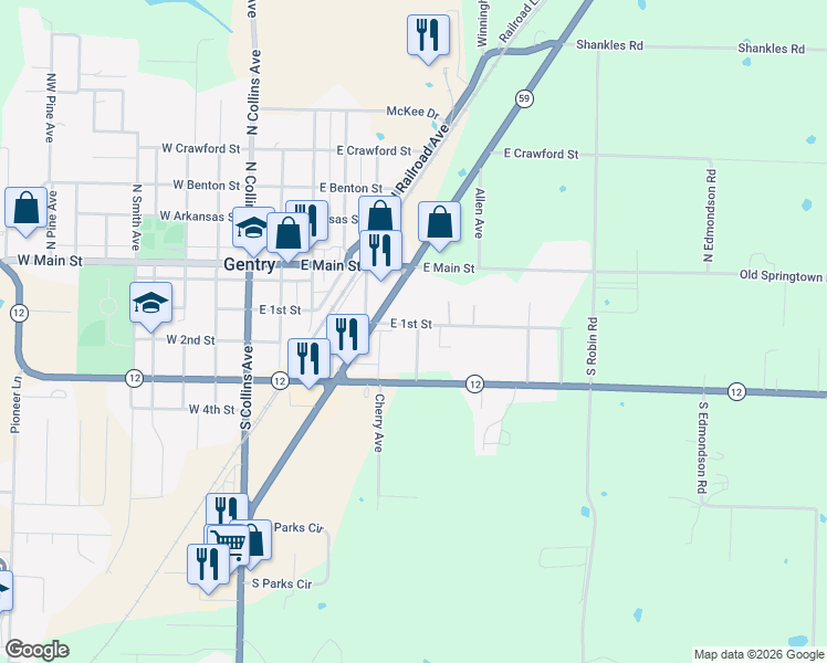 map of restaurants, bars, coffee shops, grocery stores, and more near 613-615 1st Avenue Northeast in Gravette