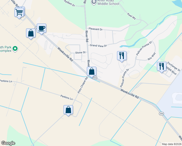 map of restaurants, bars, coffee shops, grocery stores, and more near 1403 River Road in Elizabeth City