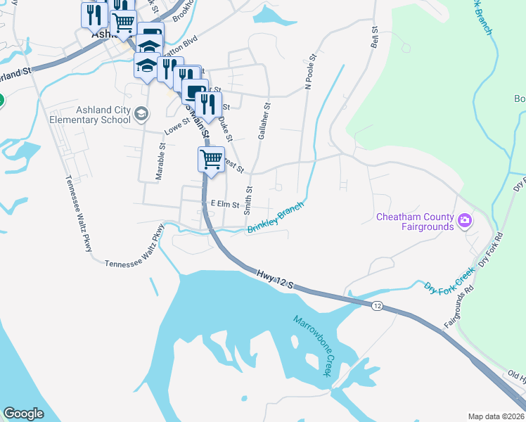 map of restaurants, bars, coffee shops, grocery stores, and more near 108 Clifton Street in Ashland City