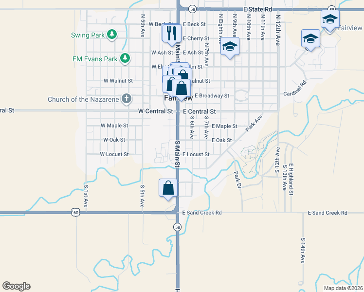 map of restaurants, bars, coffee shops, grocery stores, and more near 415 South Main Street in Fairview