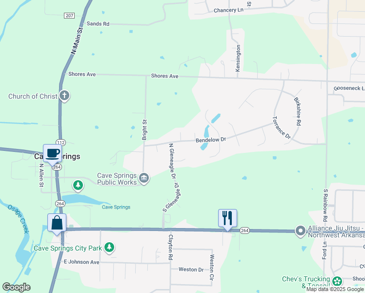 map of restaurants, bars, coffee shops, grocery stores, and more near 703 Bendelow Drive in Cave Springs