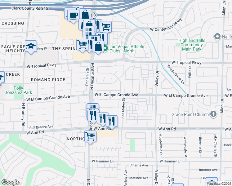 map of restaurants, bars, coffee shops, grocery stores, and more near 4509 Mohawk River Avenue in North Las Vegas