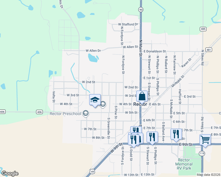 map of restaurants, bars, coffee shops, grocery stores, and more near 217 South Greenville Street in Rector