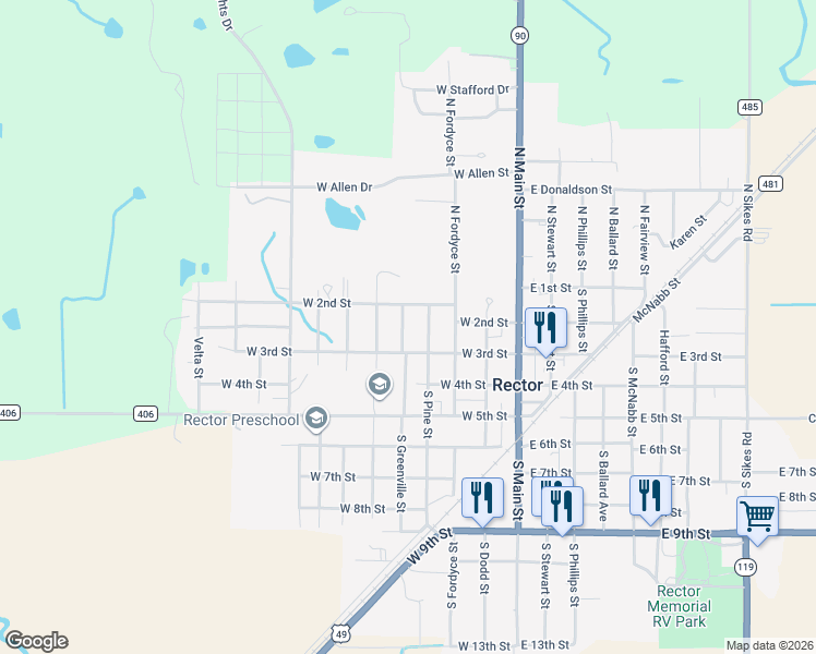 map of restaurants, bars, coffee shops, grocery stores, and more near 217 South Greenville Street in Rector