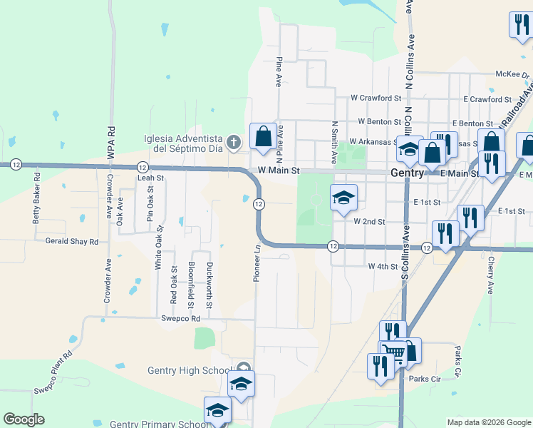 map of restaurants, bars, coffee shops, grocery stores, and more near 287 Pioneer Lane in Gentry