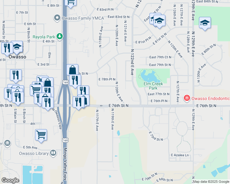 map of restaurants, bars, coffee shops, grocery stores, and more near 7708 North 120th East Avenue in Owasso