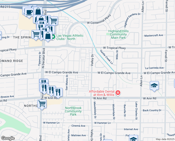 map of restaurants, bars, coffee shops, grocery stores, and more near 5855 Valley Drive in North Las Vegas