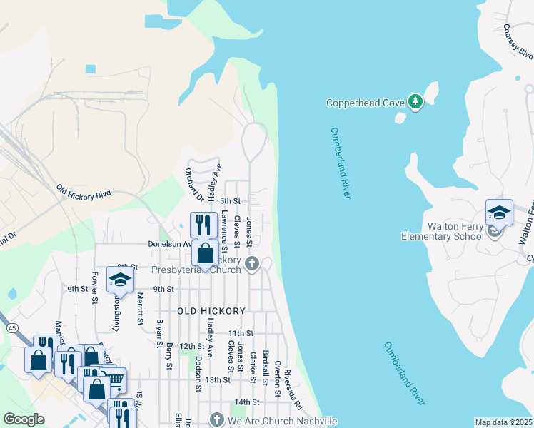 map of restaurants, bars, coffee shops, grocery stores, and more near 511 Jones Street in Nashville
