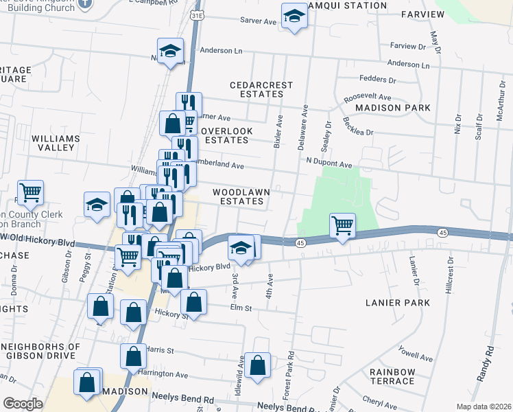 map of restaurants, bars, coffee shops, grocery stores, and more near 333 Duling Avenue in Nashville