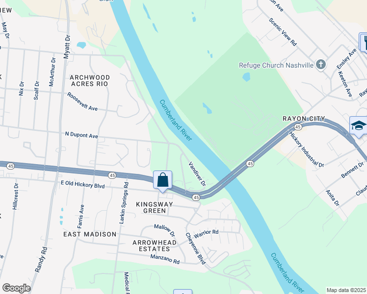 map of restaurants, bars, coffee shops, grocery stores, and more near 134 Vandiver Drive in Nashville