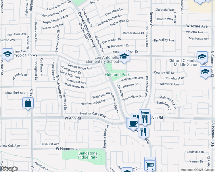map of restaurants, bars, coffee shops, grocery stores, and more near 1300 Grey Hunter Drive in North Las Vegas