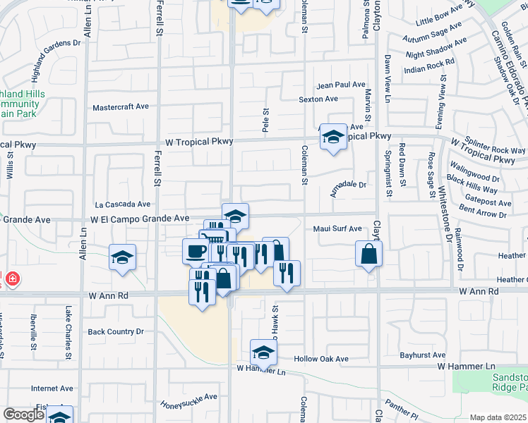 map of restaurants, bars, coffee shops, grocery stores, and more near 2616 West El Campo Grande Avenue in North Las Vegas