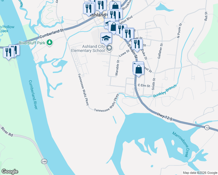 map of restaurants, bars, coffee shops, grocery stores, and more near 120 Bluff View Street in Ashland City