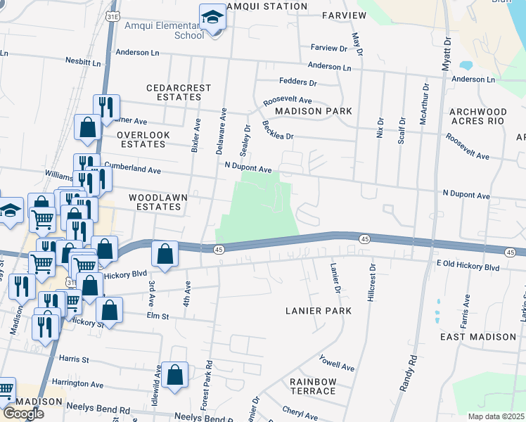 map of restaurants, bars, coffee shops, grocery stores, and more near 550 North Dupont Avenue in Nashville