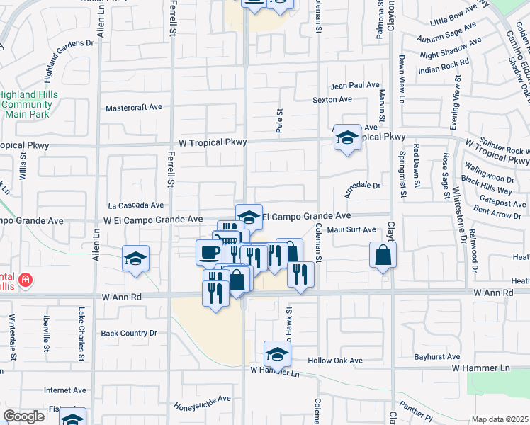 map of restaurants, bars, coffee shops, grocery stores, and more near 2804 West El Campo Grande Avenue in North Las Vegas
