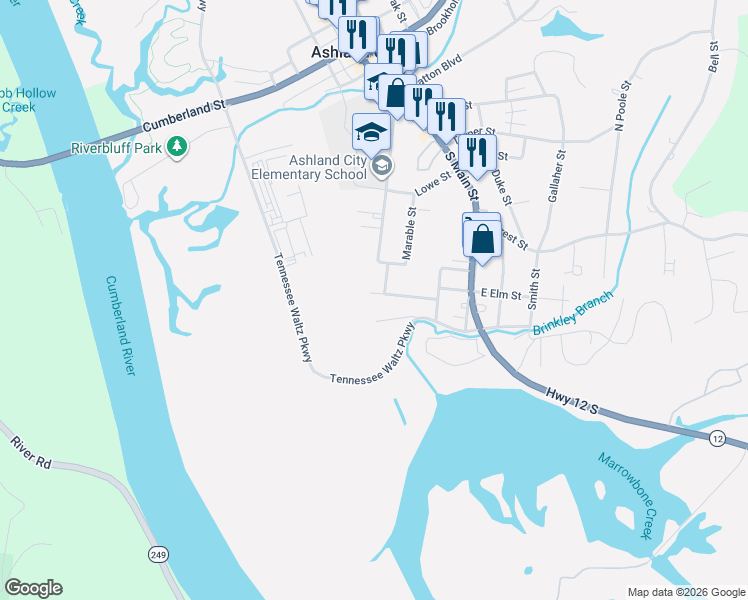 map of restaurants, bars, coffee shops, grocery stores, and more near 120 Bluff View Street in Ashland City
