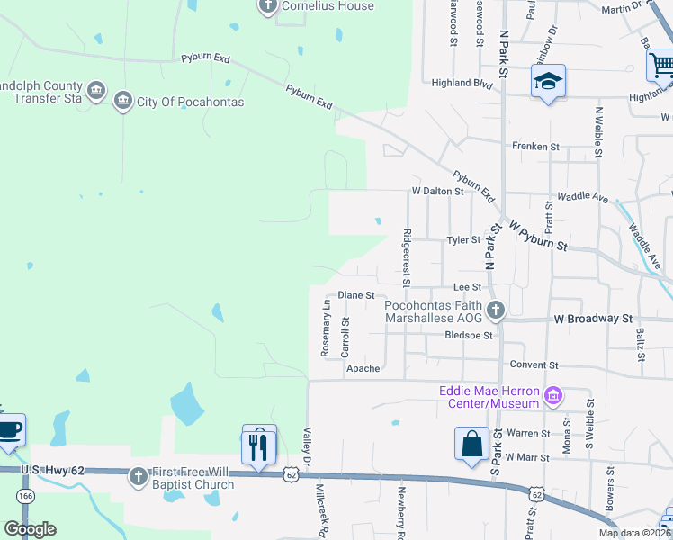 map of restaurants, bars, coffee shops, grocery stores, and more near 2602 Diane Street in Pocahontas