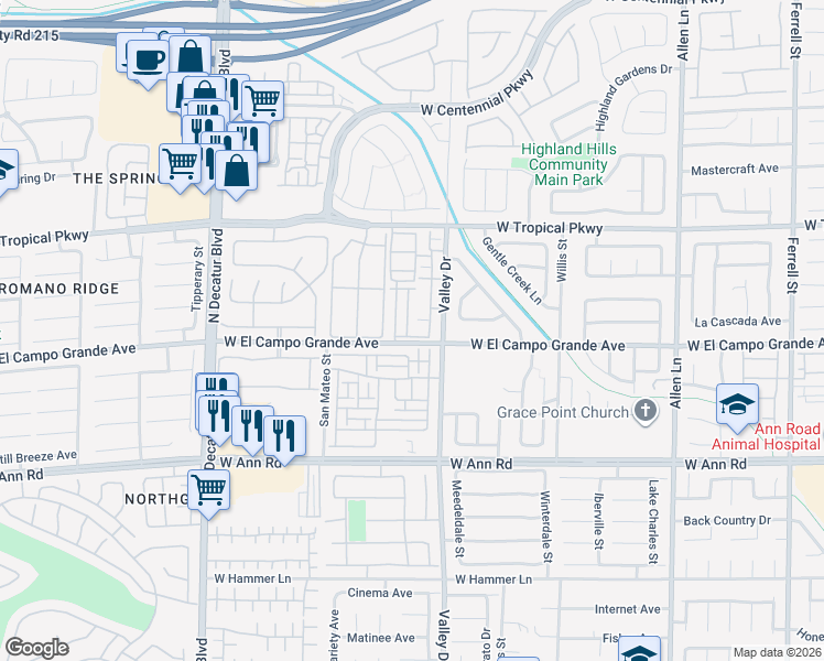 map of restaurants, bars, coffee shops, grocery stores, and more near 5855 Valley Drive in North Las Vegas