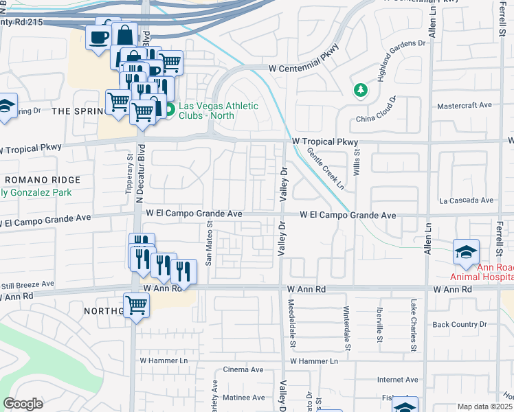 map of restaurants, bars, coffee shops, grocery stores, and more near 5855 Valley Drive in North Las Vegas