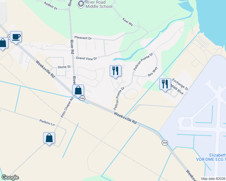 map of restaurants, bars, coffee shops, grocery stores, and more near 115 Brantwood Drive in Elizabeth City