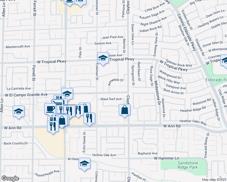 map of restaurants, bars, coffee shops, grocery stores, and more near 2124 West El Campo Grande Avenue in North Las Vegas