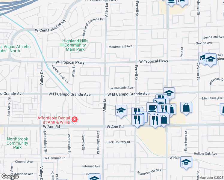map of restaurants, bars, coffee shops, grocery stores, and more near 3605 La Cascada Avenue in North Las Vegas