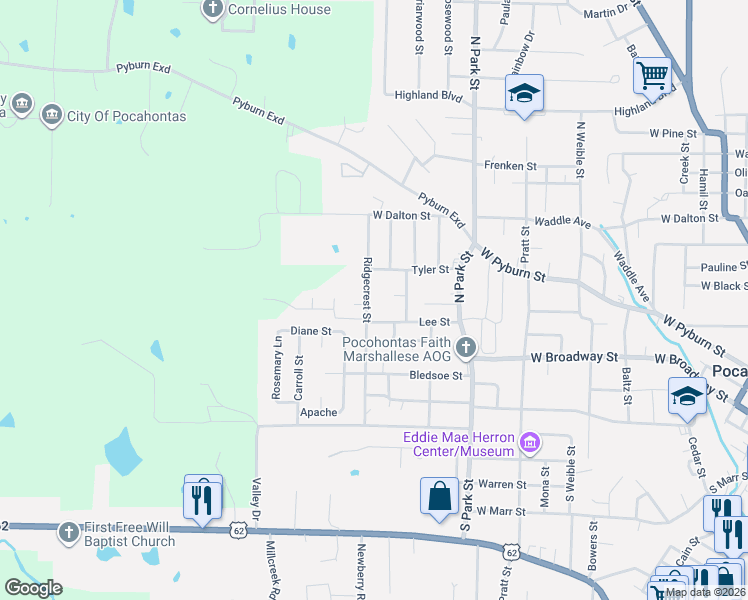 map of restaurants, bars, coffee shops, grocery stores, and more near 803 Ridgecrest Street in Pocahontas