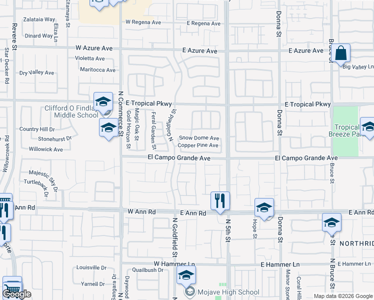 map of restaurants, bars, coffee shops, grocery stores, and more near 104 Big Cliff Avenue in North Las Vegas