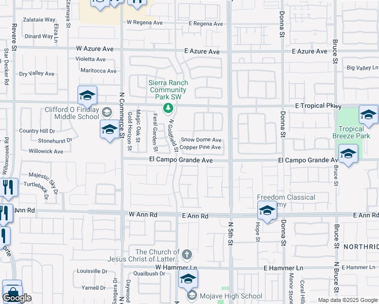 map of restaurants, bars, coffee shops, grocery stores, and more near 104 Big Cliff Avenue in North Las Vegas
