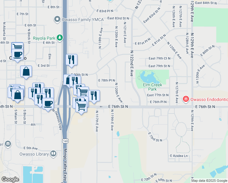 map of restaurants, bars, coffee shops, grocery stores, and more near 7708 North 120th East Avenue in Owasso