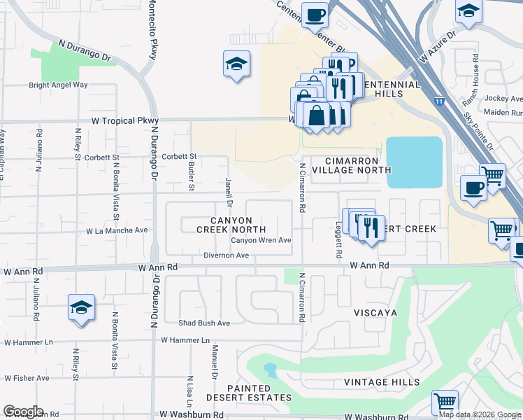 map of restaurants, bars, coffee shops, grocery stores, and more near 5720 Owl Butte Court in Las Vegas