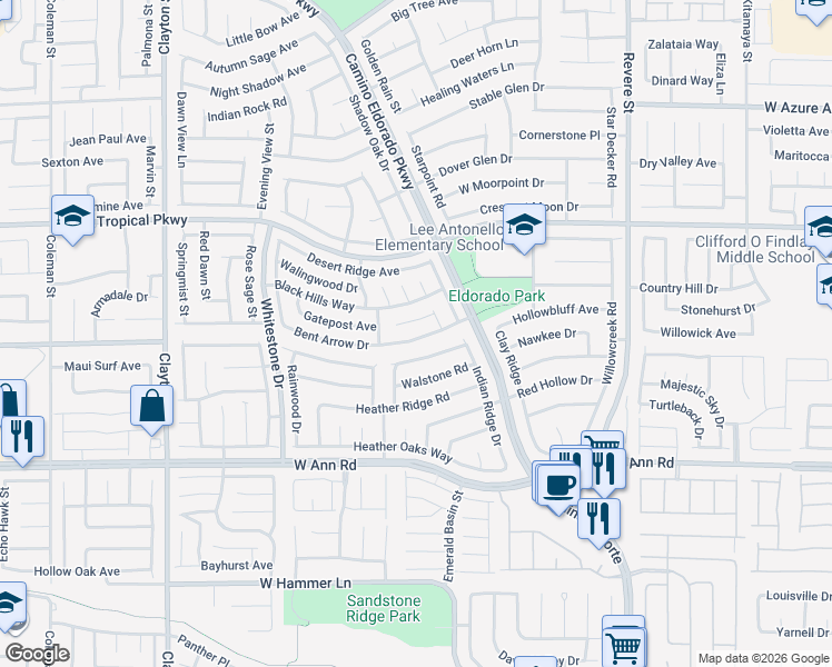 map of restaurants, bars, coffee shops, grocery stores, and more near 1412 Bent Arrow Drive in North Las Vegas