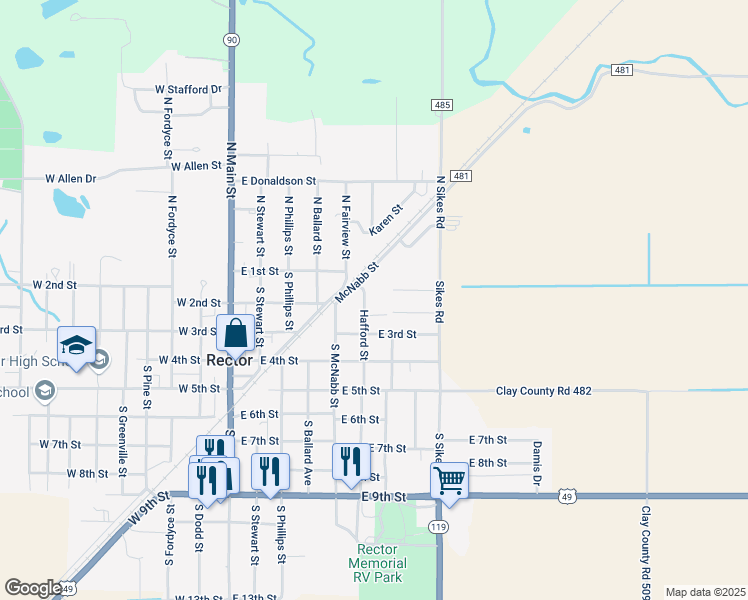 map of restaurants, bars, coffee shops, grocery stores, and more near 102 2nd Place in Rector