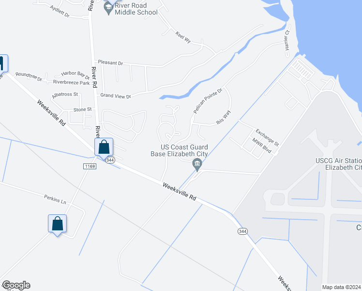 map of restaurants, bars, coffee shops, grocery stores, and more near 509 Water Crest Circle in Elizabeth City