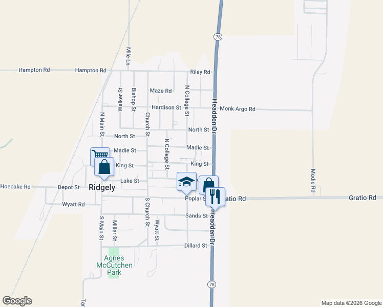 map of restaurants, bars, coffee shops, grocery stores, and more near 200 North College Street in Ridgely