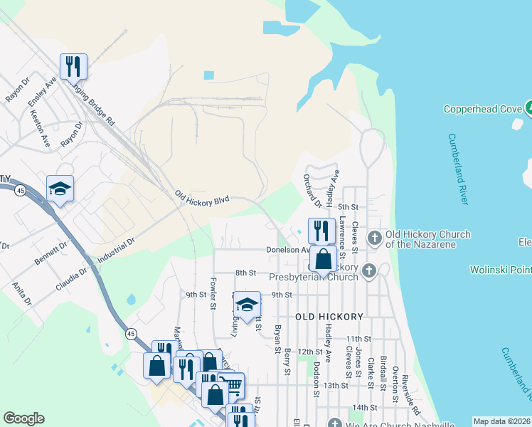 map of restaurants, bars, coffee shops, grocery stores, and more near Old Hickory Boulevard in Nashville