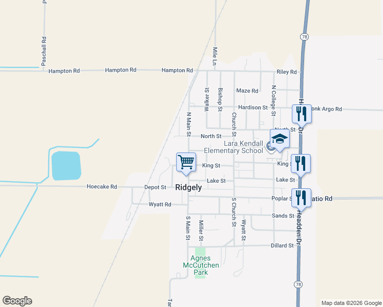 map of restaurants, bars, coffee shops, grocery stores, and more near 220 North Main Street in Ridgely