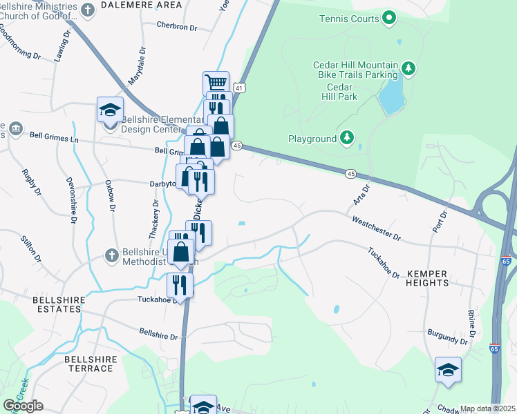 map of restaurants, bars, coffee shops, grocery stores, and more near 413 Kemper Drive North in Nashville