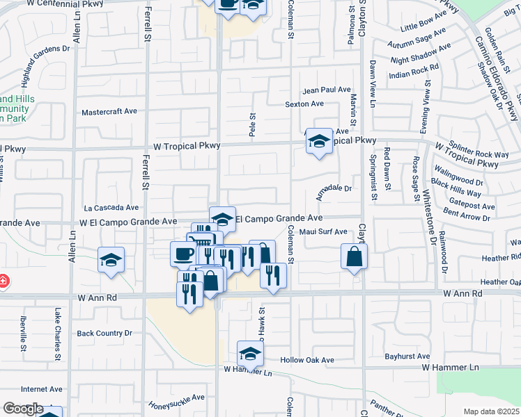 map of restaurants, bars, coffee shops, grocery stores, and more near 2608 West El Campo Grande Avenue in North Las Vegas