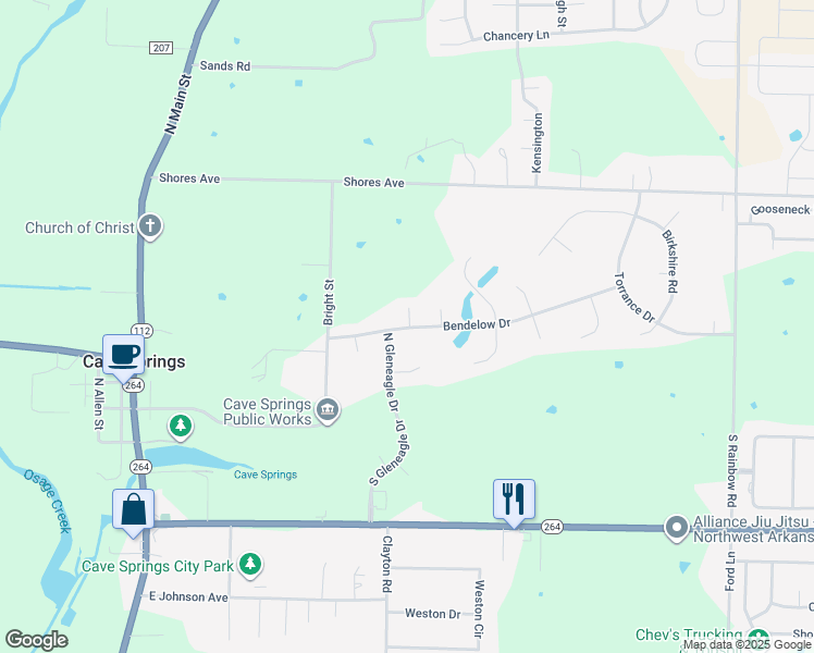 map of restaurants, bars, coffee shops, grocery stores, and more near 703 Bendelow Drive in Cave Springs
