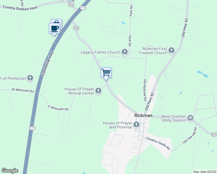 map of restaurants, bars, coffee shops, grocery stores, and more near 307 Rickman Monterey Highway in Rickman