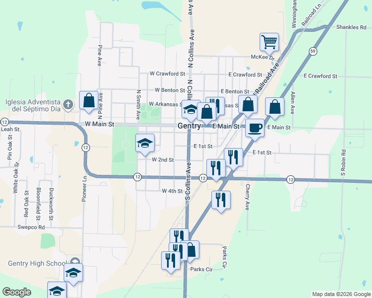 map of restaurants, bars, coffee shops, grocery stores, and more near 102 West 2nd Street in Gentry
