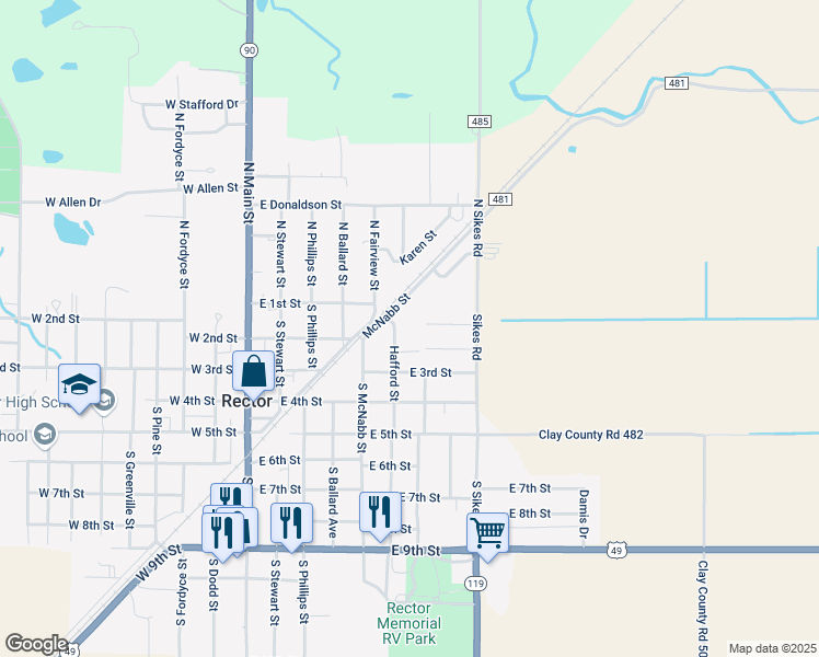 map of restaurants, bars, coffee shops, grocery stores, and more near 102 2nd Place in Rector