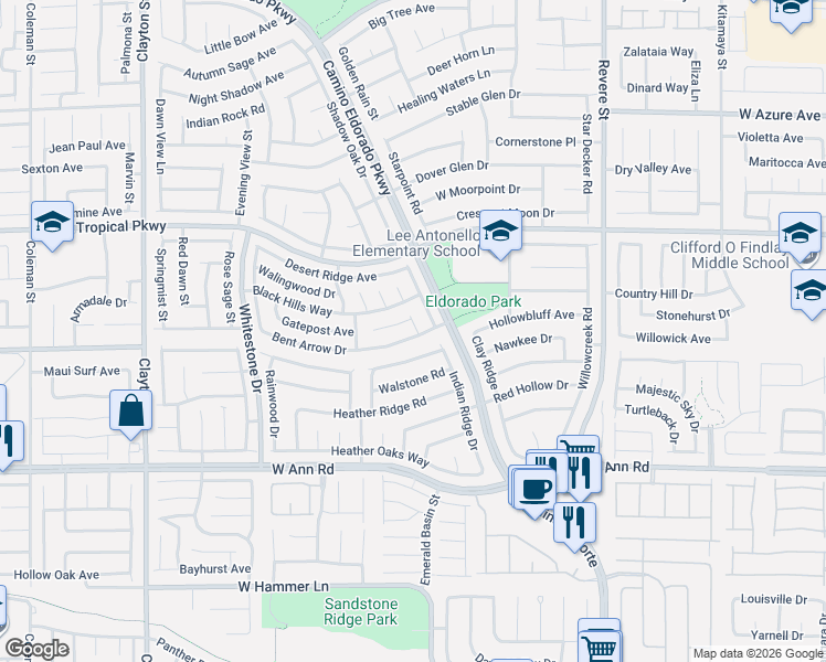 map of restaurants, bars, coffee shops, grocery stores, and more near 1405 Bent Arrow Drive in North Las Vegas