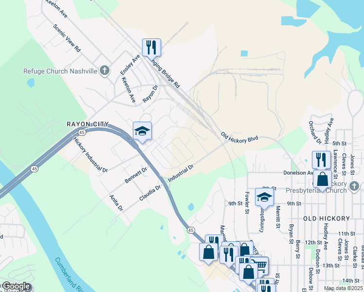 map of restaurants, bars, coffee shops, grocery stores, and more near 915 Robinson Road in Nashville