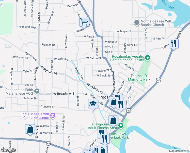 map of restaurants, bars, coffee shops, grocery stores, and more near 706 Shannon Street in Pocahontas